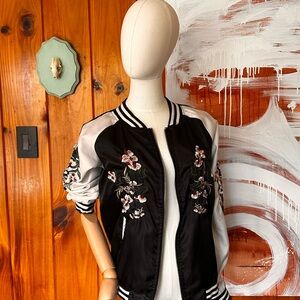Floral Embroidered Black and White Women's Bomber Jacket